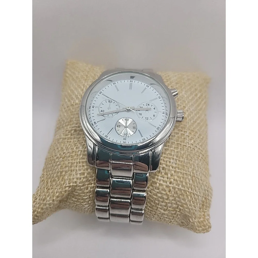 Vintage Silver Tone Chronogragh‎ Style Quartz Watch Metal Link Bracelet